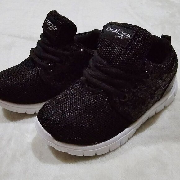 Bebe Girl Sparkly Side Sneakers | Black Glitter Lace-Up Toddler Sz 9 | EUC - Picture 1 of 12